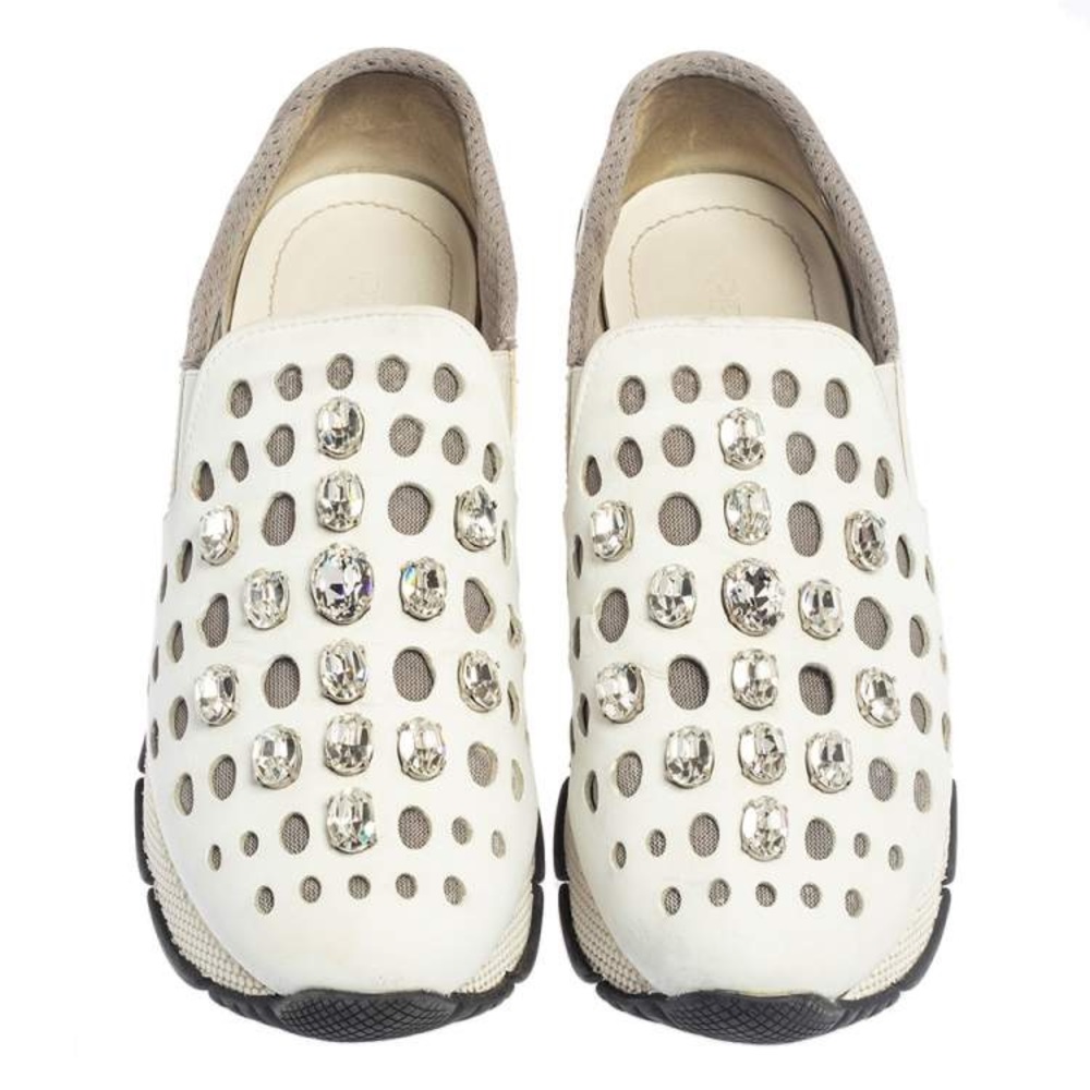 Prada White Laser Cut Leather Crystal Embellished Slip On Sneakers Size 37